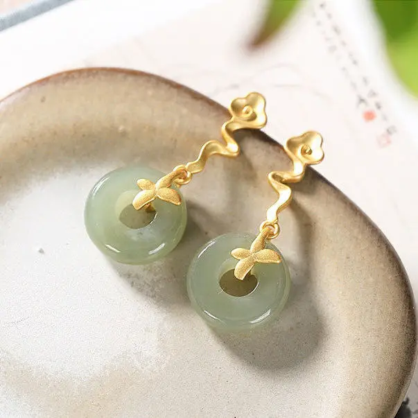 

New silver inlaid Hetian jade plant auspicious cloud Earrings Chinese style unique craft gold light luxury charm women's jewelry