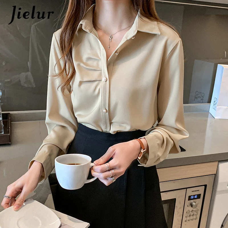 

Jielur Korean Women's Shirt Spring Simple Button Satin Blouse Fashion Skinny Elegant Ladies Long Sleeve Female Shirts Tops 2021