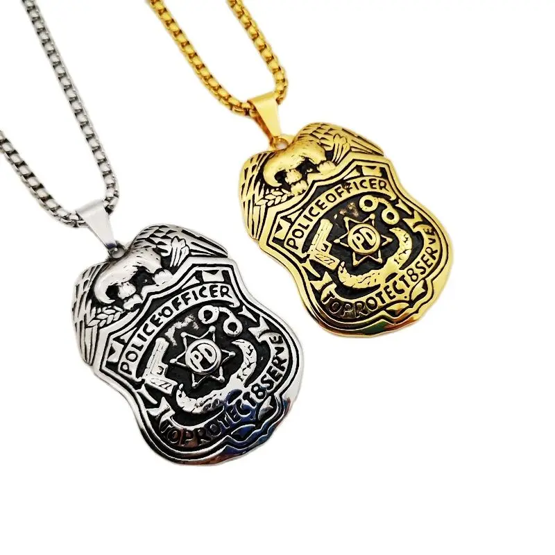 

Vintage 316L Stainless steel hip hop Eagle Police PD Badge pendant necklace mens Officer fashion pendant necklace jewelry