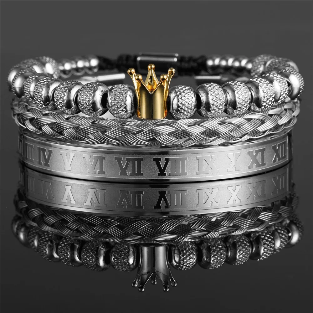 Luxury Royal King Crown Bracelet Set For Men Stainless Steel Bangle Macrame Men Roman Bracelets & Bangles Couple Jewelry Gift