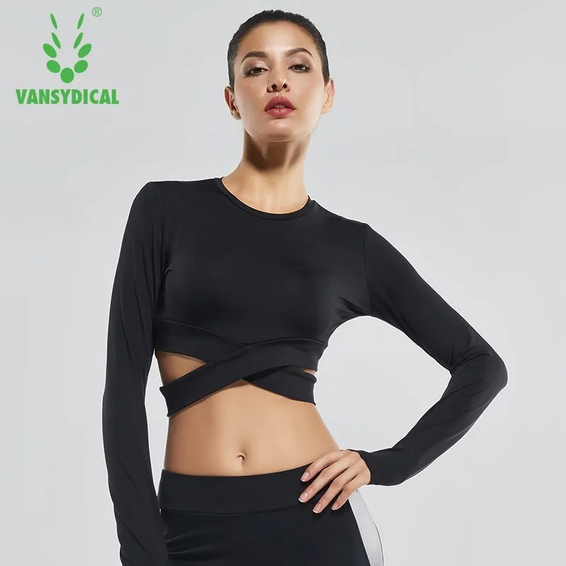 

Sexy Exposed navel Yoga T-shirts Women Long Sleeve Running Tees Quick Dry Fitness Gym Crop Tops Vansydical Solid Sports Shirts