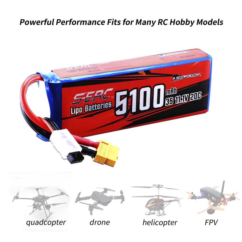 Sunpadow 3S 20C Lipo Battery 5100mAh 11.1V with XT60 Plug for RC Airplane Helicopter Drone FPV Quadcopter Model Racing