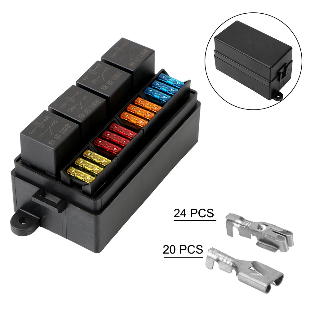 12V 24V 40A 12Way Blade Fuse Box Holder 4 Pin Relays Spade Terminals Overloard Protection Accessories for Auto Car Truck Trailer