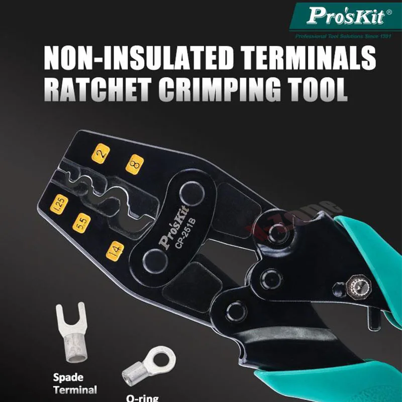 Proskit CP-251B Y.O bare terminal ratchet precision crimping pliers, non-insulated, suitable for AWG DIN/GB JIS crimping tools