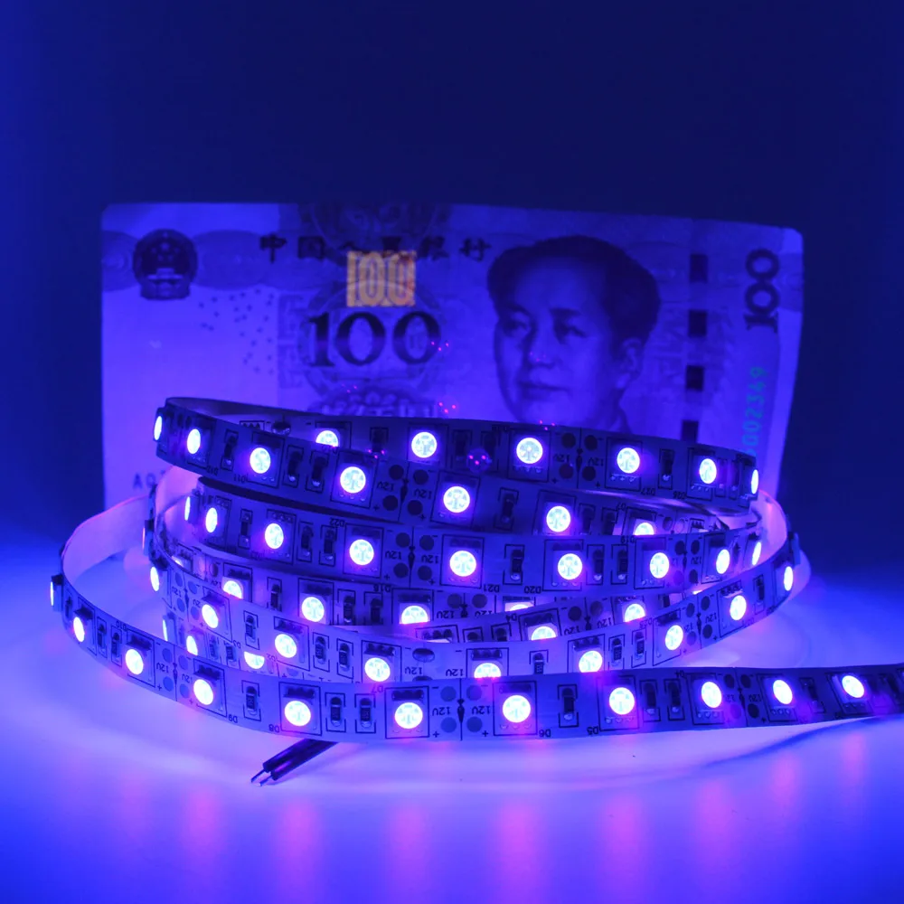 Luz de tira led uv 5050 smd 12v 395nm 405nm raio ultravioleta led fita de diodo roxo lâmpada de fita flexível para dj fluorescência