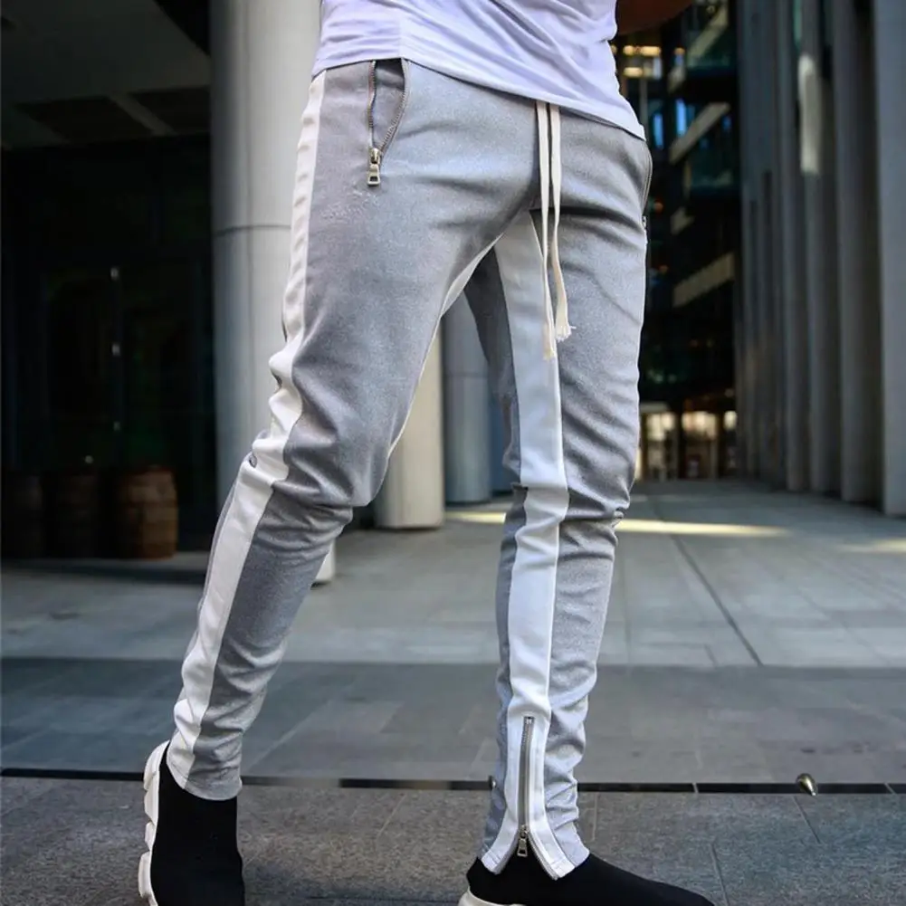 Men Jogger Pants Sport Sweatpants Contrast Color Elastic Waist Drawstring Side Stripe Zippered Slim Trouser panroupas masculinas