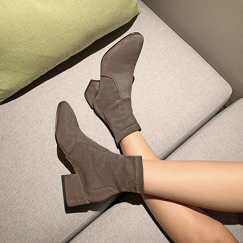 YMECHIC Fashion Block Heels Woman Sock Shoes Gray Black Stretch Suede Womens Sock Boots Ankle Bootie Large Size Winter Footwear