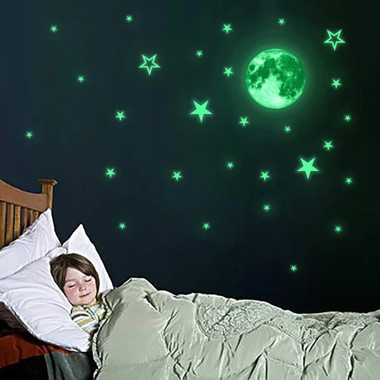 Leuchtende große Mond- und Stern-Wandaufkleber, Kinderzimmer-Hintergrunddekoration, Wohnzimmer-Heimdekoration, im Dunkeln leuchtendes Wandbild – Detail 4