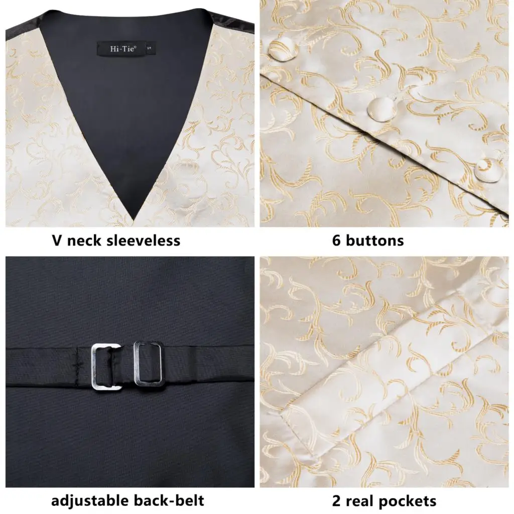 Hi-Tie 100 % Seide Elfenbein Beige Champagner Gold Herrenwesten Krawatte Einstecktuch Manschettenknöpfe Set Jacquard Rebe Weste für Herren Anzug