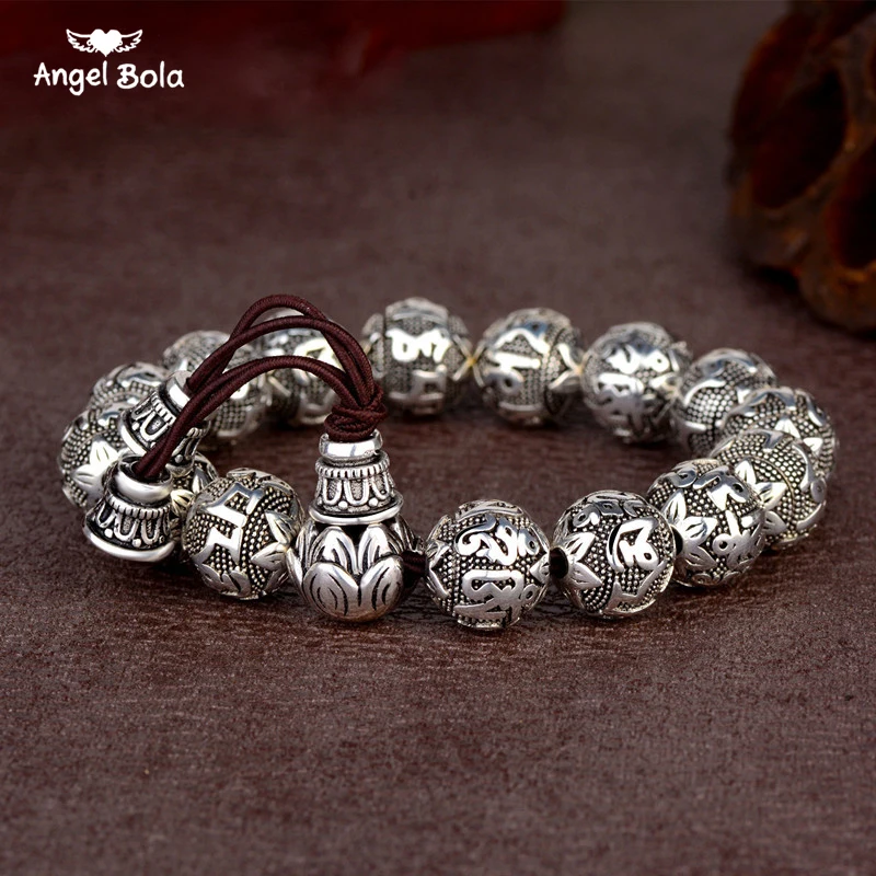 Charm Fine Retro Tibetan Buddhism Plated Thai Silver Rope Bracelet Men Six Words Mantras OM MANI PADME HUM Lotus Beads Bracelet