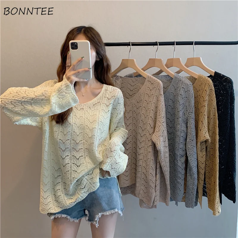 

Pullovers Women Spring Hollow Out V-neck Leisure Design Clothing Sweater All-match 5 Colors Aesthetic Tender New Arrival Ulzzang