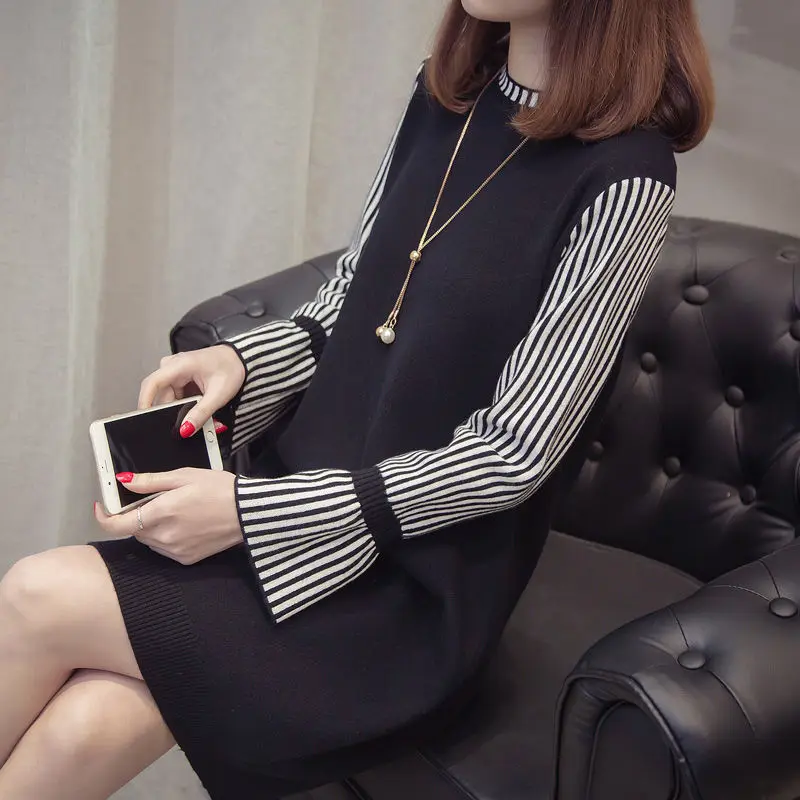 Autumn And Winter New Sweater Round Neck Dress Korean Version Of Loose Fashion Women Hedging Base Mid-length Knitted Dress