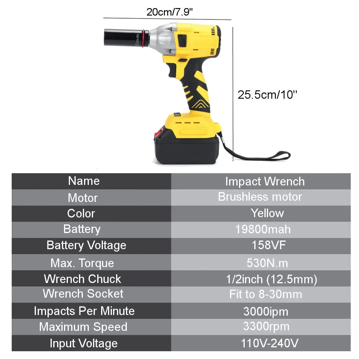 Cordless Impact Wrench 530Nm Torque Brushless Motor 1/2 Inch  88VF Torque with 22mm Socket 2200rpm Speed Impact 2 Battery