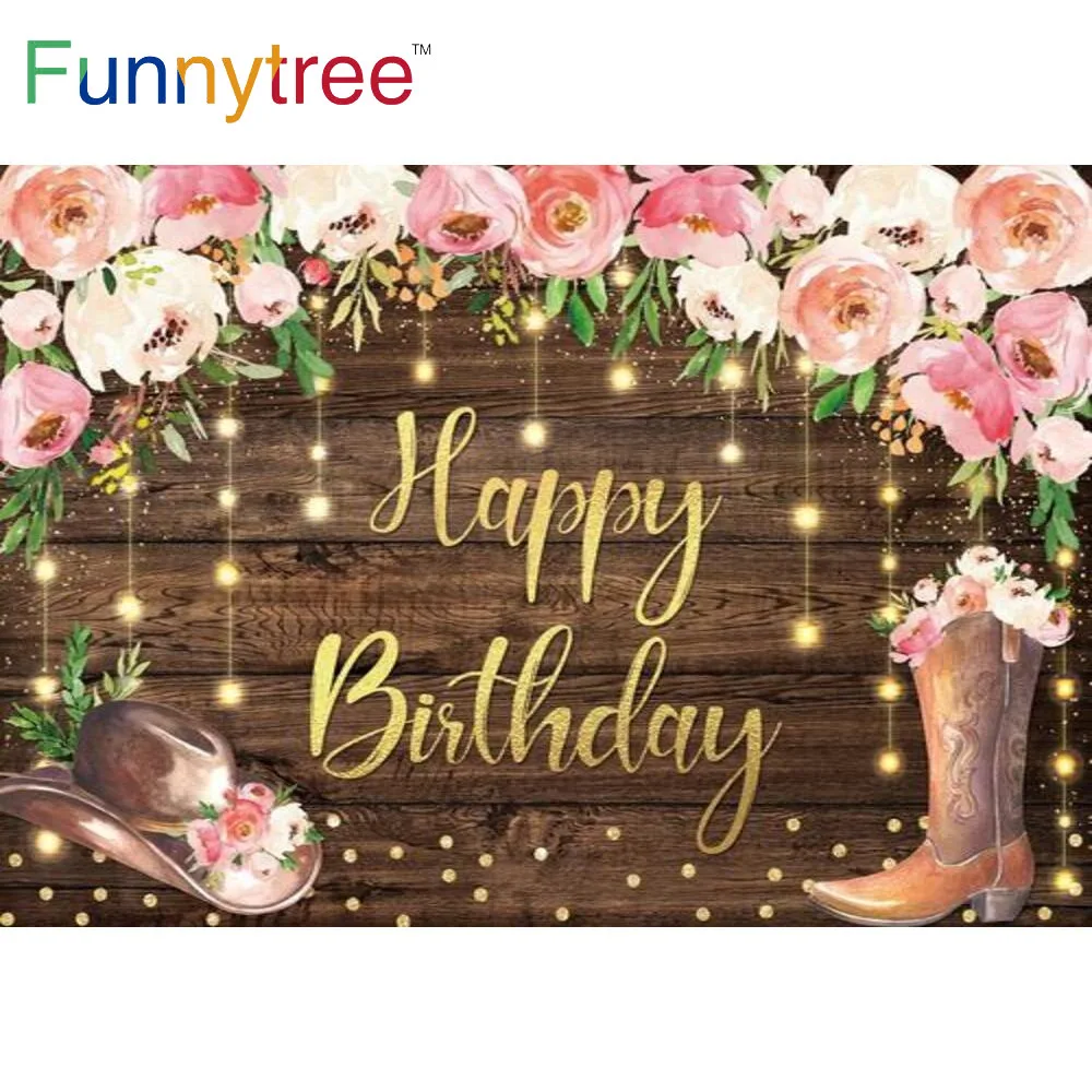 

Funnytree Happy Birthday Party Background Western Cowboy Cowgirl Gold Dots Lights Wood Flowers Banner Leaves Photocall Backdrop