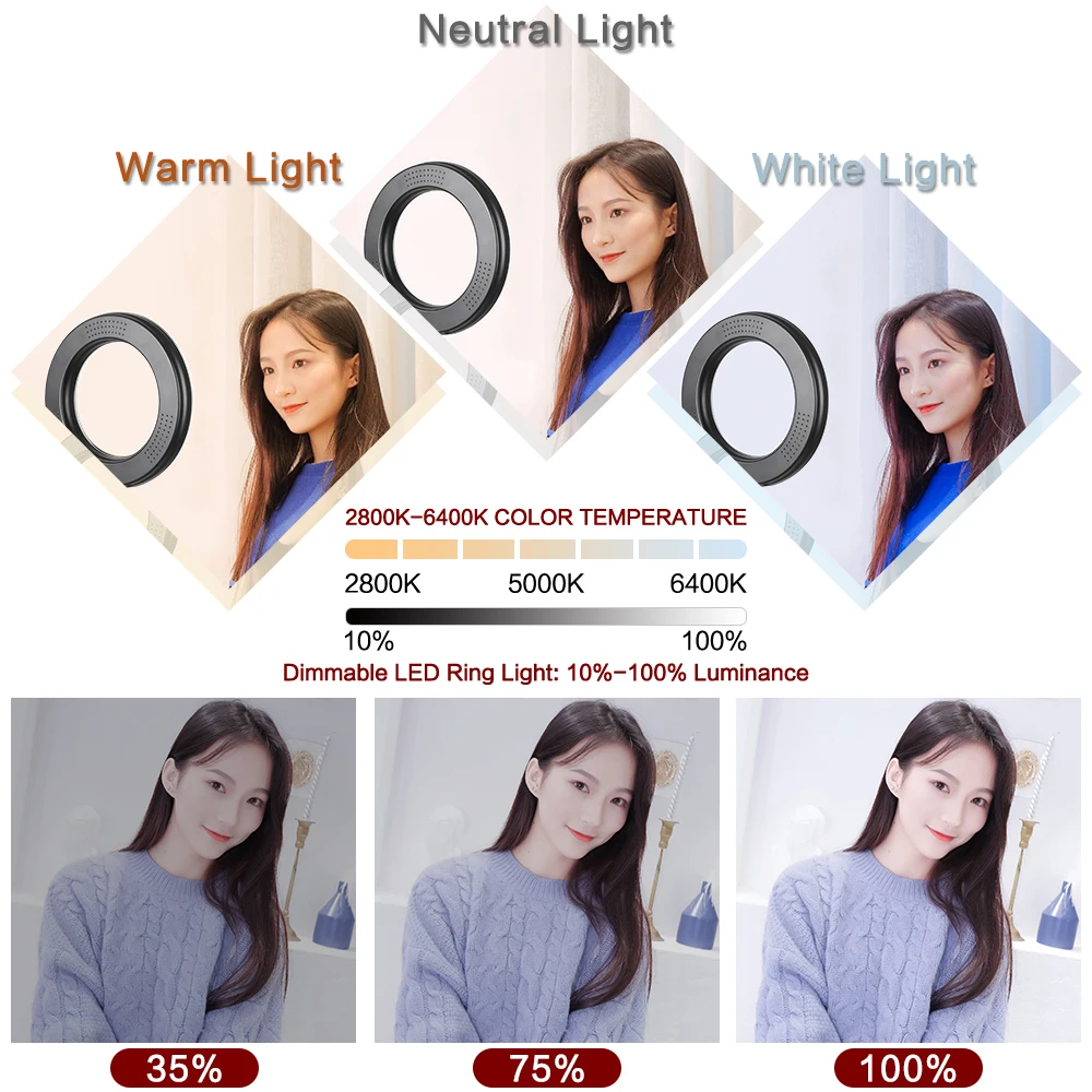 SH 6 بوصة Selfie RGB LED مصباح مصمم على شكل حلقة 3000-6500K مع حامل ثلاثي القوائم للبث المباشر/المكياج/يوتيوب/التصوير الفوتوغرافي/تسجيل الفيديو