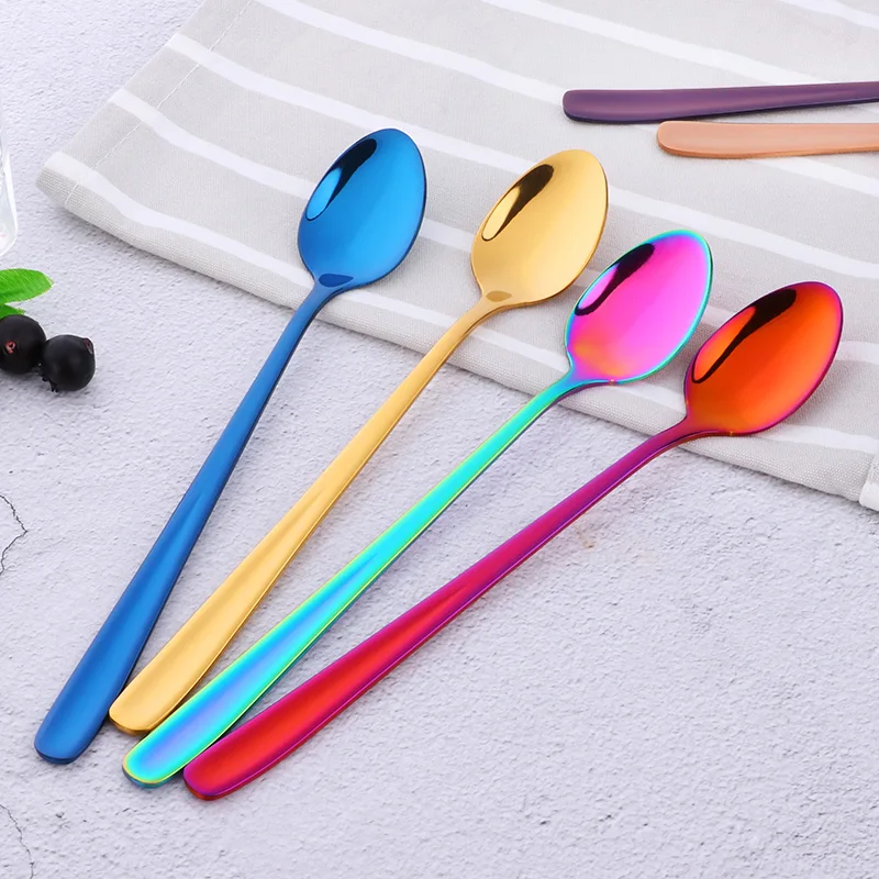 18/10 Stainless Steel Rainbow Ice Spoons With Long Handle Mirror Polished Mixing Stirring Drink Ice Cream Dessert Tea Spoon