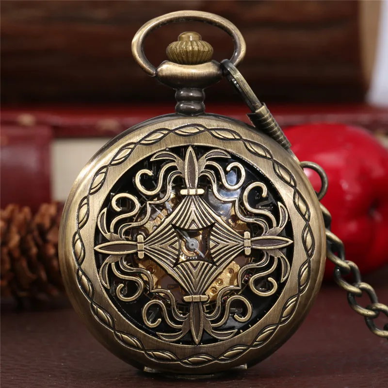 Bronze hohlen chinesischen Knoten Herren Damen mechanische Handaufzug Taschenuhr Steampunk Anhänger Anhänger Kette Uhr Geschenke reloj