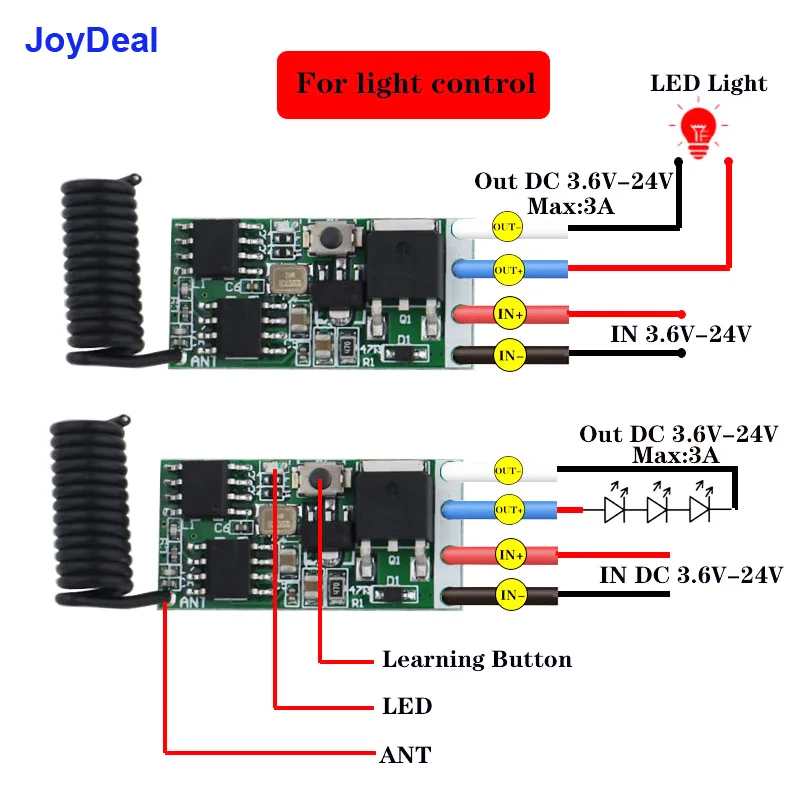 433 MHz Wireless Remote Control Switch Micro Mini DC 3.7V 4.5V 5V 6V 7.4V 9V 12V 24V 1CH Power Saving LED Light Switch Receiver