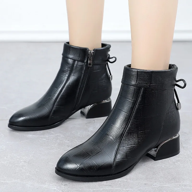 GKTINOO New Ankle Boots Women Pointed Toe Thick Heels Genuine Leather Shoes Short Boots Soft Sole Footwear Plus Size 35-43