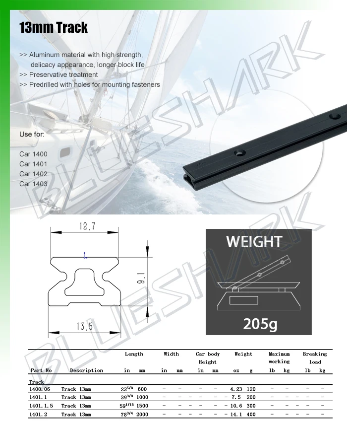 13mm Aluminum Traveler Car Track 600/1000/1500mm Long Marine Sailboat