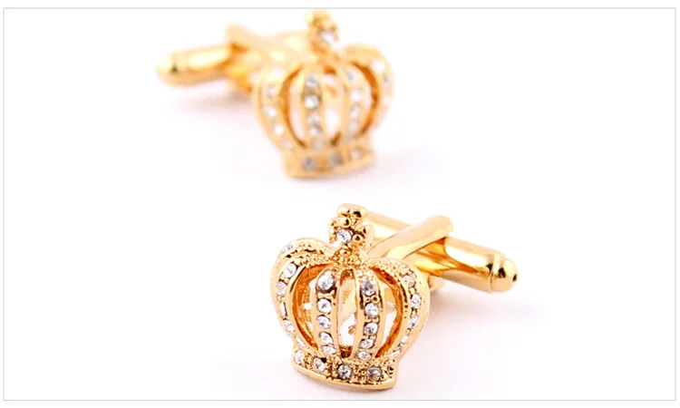 Men's Crown Cuff Links Golden Color Quality Brass Material Crystal Design Cufflinks Wholesale & Retail