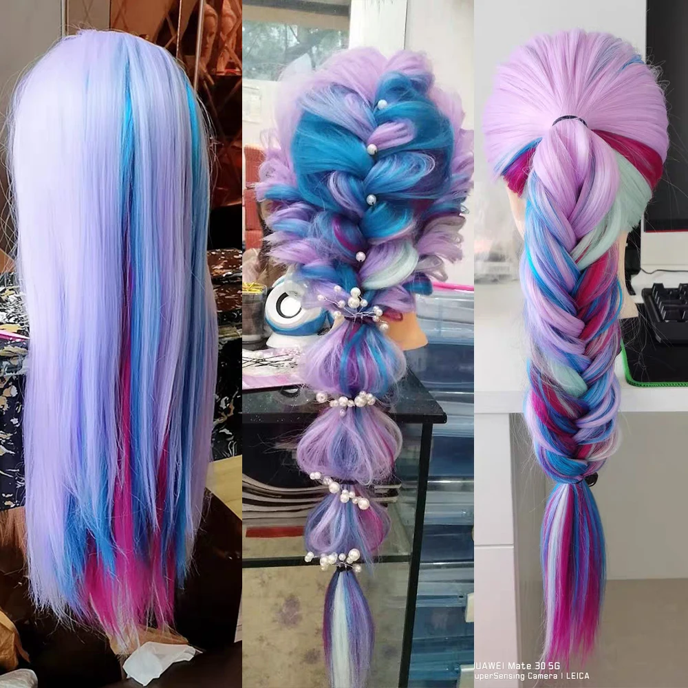 Kozmetoloji manken bebek kafası ile gökkuşağı renk saç örgü saç şekillendirici eğitim Hairart kuaför salonu ekran