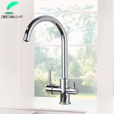 SHBSHAIMY Chrome Filter Kitchen Faucet Drinking Pure Water Kitchen Tap Deck Mounted Dual Handles 3-Ways Hot and Cold Water Mixer