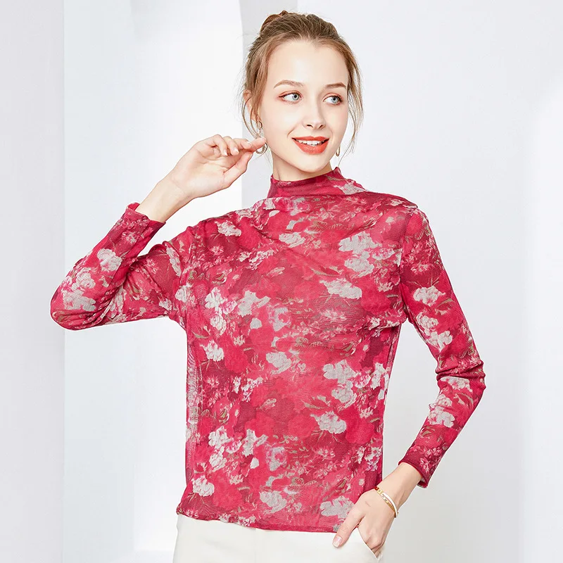 Silk Half High Collar Bottom Up Shirt Autumn New Women's Mulberry Silk Double Mesh Knitted Printing Slim Long Sleeve Top