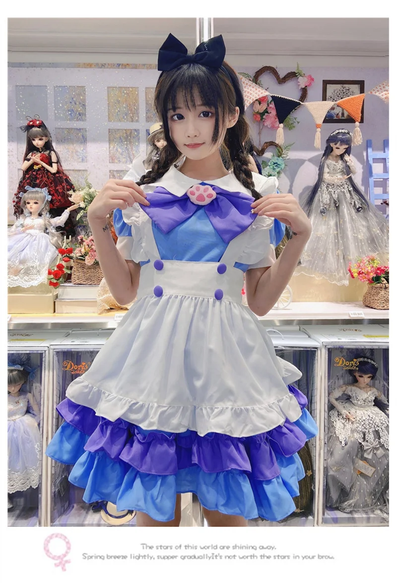 Maid Cosplay Costume Japanese Anime Lolita Maid Apron Uniform Carnival Party Dress For Girl Cute Bow Blue Purple Lace Cake Dress