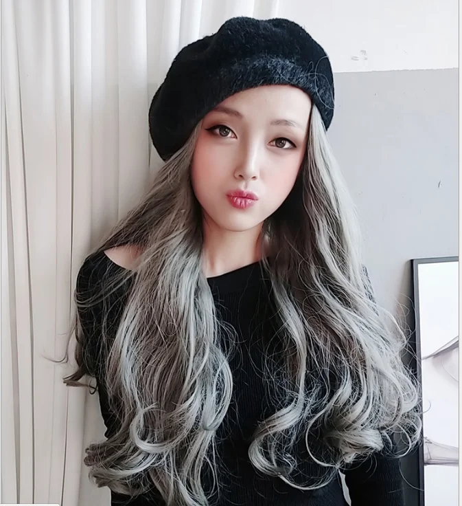 Imitation Mink Beret Wavy Curly Long Synthetic Hair Wigs for Women  Connect False Hair Girl Party Hat Wig Autumn Green Wood Ash