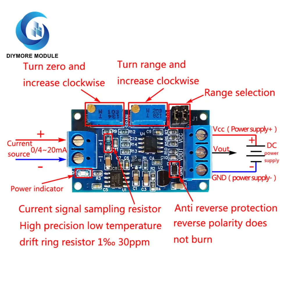 Current To Voltage Module 0 -20mA 4 -20mA to 0-3.3V 0-5V 0-10V Power Supply Voltage Transmitter Signal Converter Board