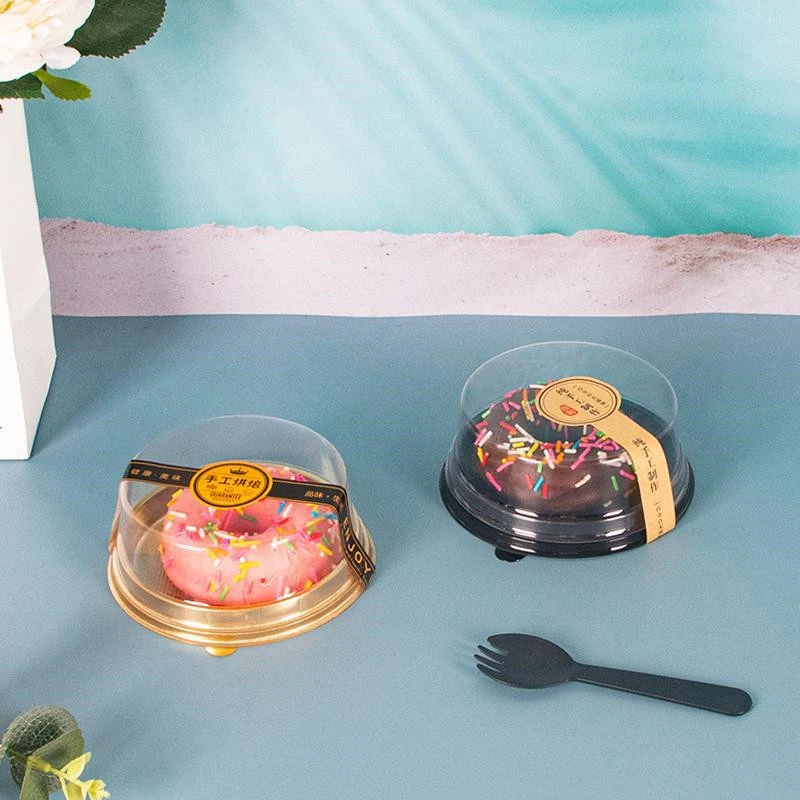 50pcs 4Inch Round Plastic Donut Cake Box Packaging Egg-Yolk Puff Container Gold Black Tray Baking Packing Box Party