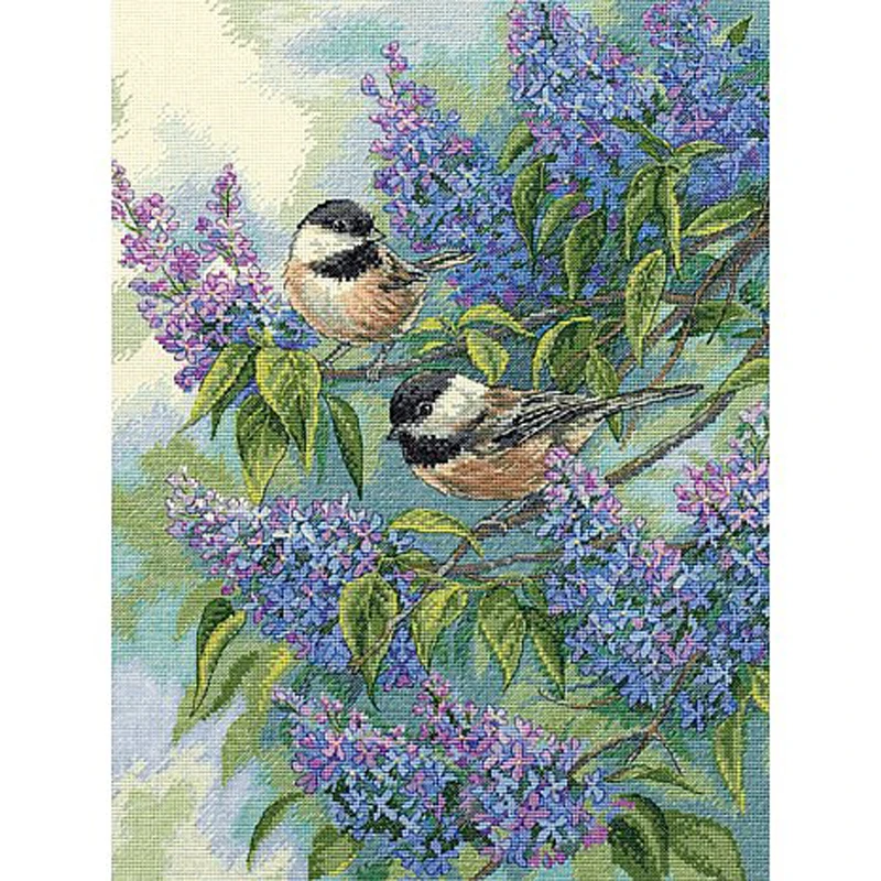 Amishop Counted Cross Stitch Kit, Chickadees and Lilac, Purple Flower and Bird Dim 35258, Top Quality, Lovely, Cute