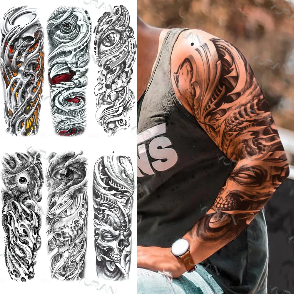 Skeleton King Full Arm Temporary Tattoos Sleeve For Men Woemen Fake Demon Eye Tattoo Sticker Realistic Long Size Tatoos Body Art