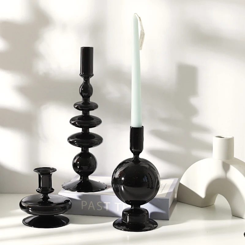 Black romantic candlestick Nordic home decor Glass Candle holder candelabros Bar table decoration portavelas wedding centerpiece