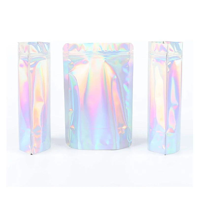 1000Pcs 6 Size Laser Aluminum Foil Mylar bag Hologram Rainbow Stand Up Plastic Packaging Bag With Tear Notch Factory Wholesale