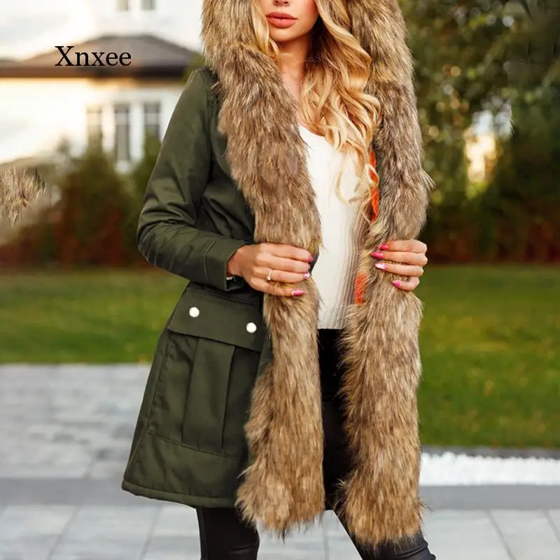 

Winter Women's New Luxury Faux Fur Hooded Jacket Fake Fox Fur Coat Thick Fur Collar Solid Color Fur Coat Jacket