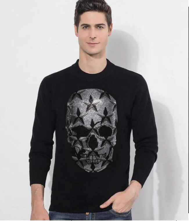 

Men's Hot drill Skulls sweater outer wear fashion new Rhinestone winter men 2021