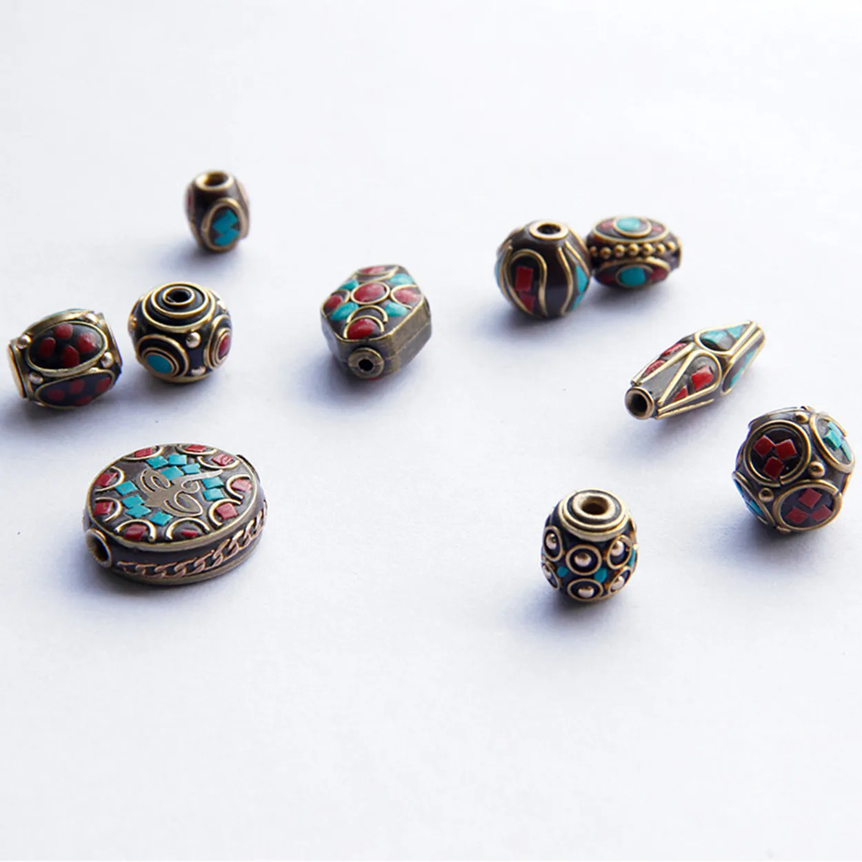 2# Handmade Nepalese Buddhist Tibetan Brass Metal & Clay Loose Craft Beads for Necklace Jewelry Making DIY