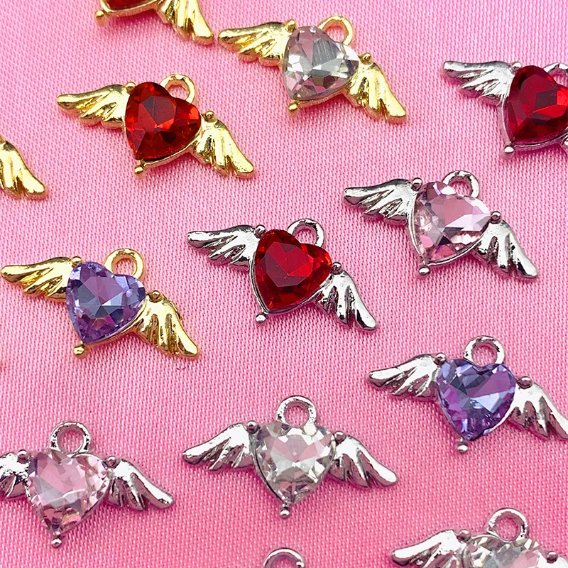 

10Pcs Crystal Angel Wings Heart Pendant Charms Golden Silver Metal Accessories Wholesale For DIY Jewelry Making Earring Finding