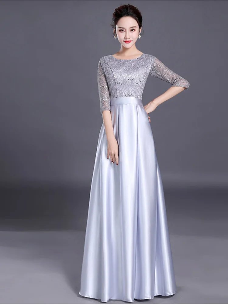 ครึ่งแขนลูกไม้ผู้หญิงอย่างเป็นทางการโอกาสElegant A-LineซาตินชุดราตรีO-Neck Party Prom Gowns Homecoming Dress