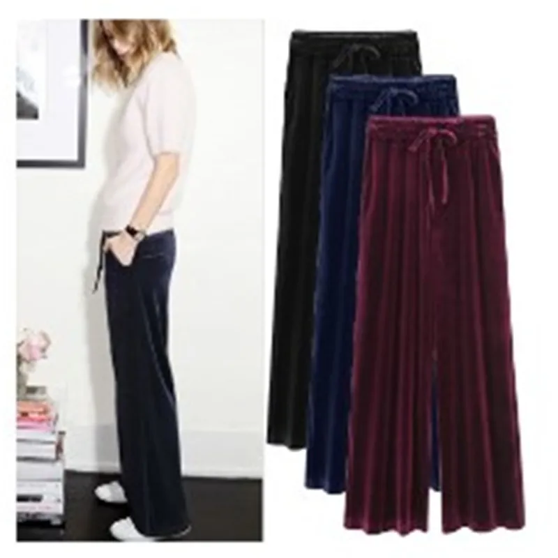 HXY Autunno A Vita Alta Pleuche delle Donne Nero Pantaloni Gamba Larga Femminile Elastico In Vita Slaccia Più 5XL 6XL Allentato pantaloni di velluto