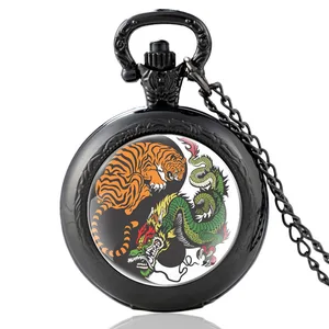 High Quality Dragon Tiger Fight Design Unique Vintage Quartz Pocket Watch Men Women Pendant Necklace Hours Clock Gifts