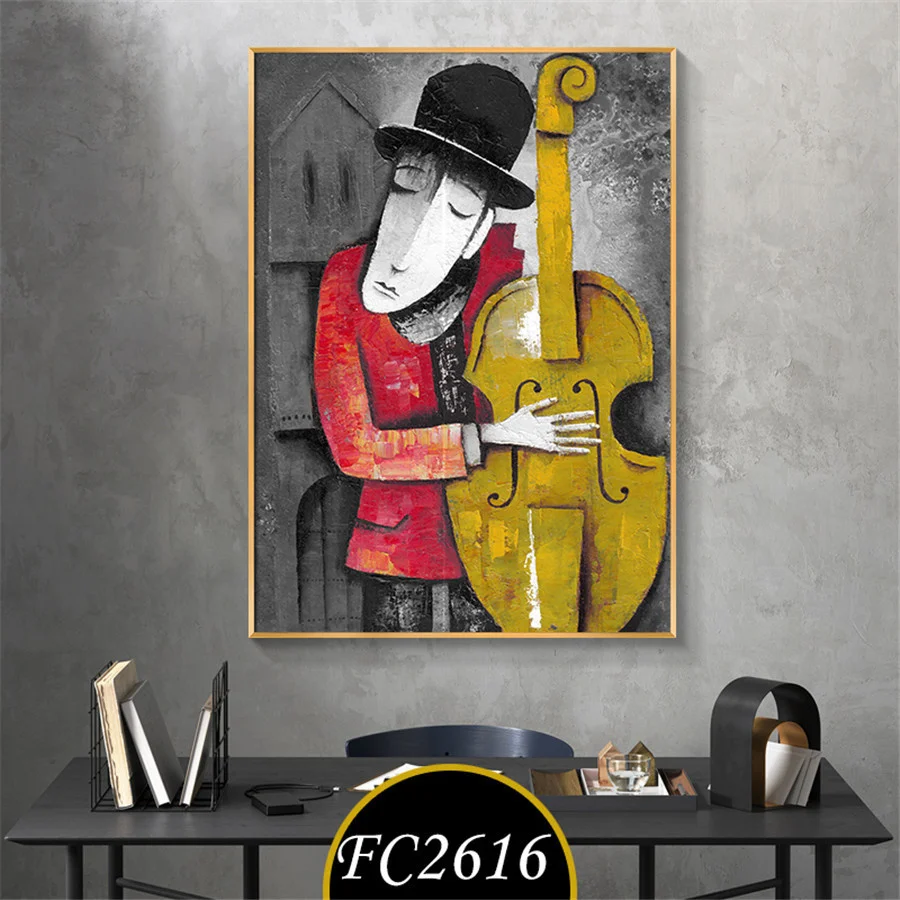 

Hand drawn modern American cartoon painting funny fairy tale oil painting musician clown performing home decoration Wall art