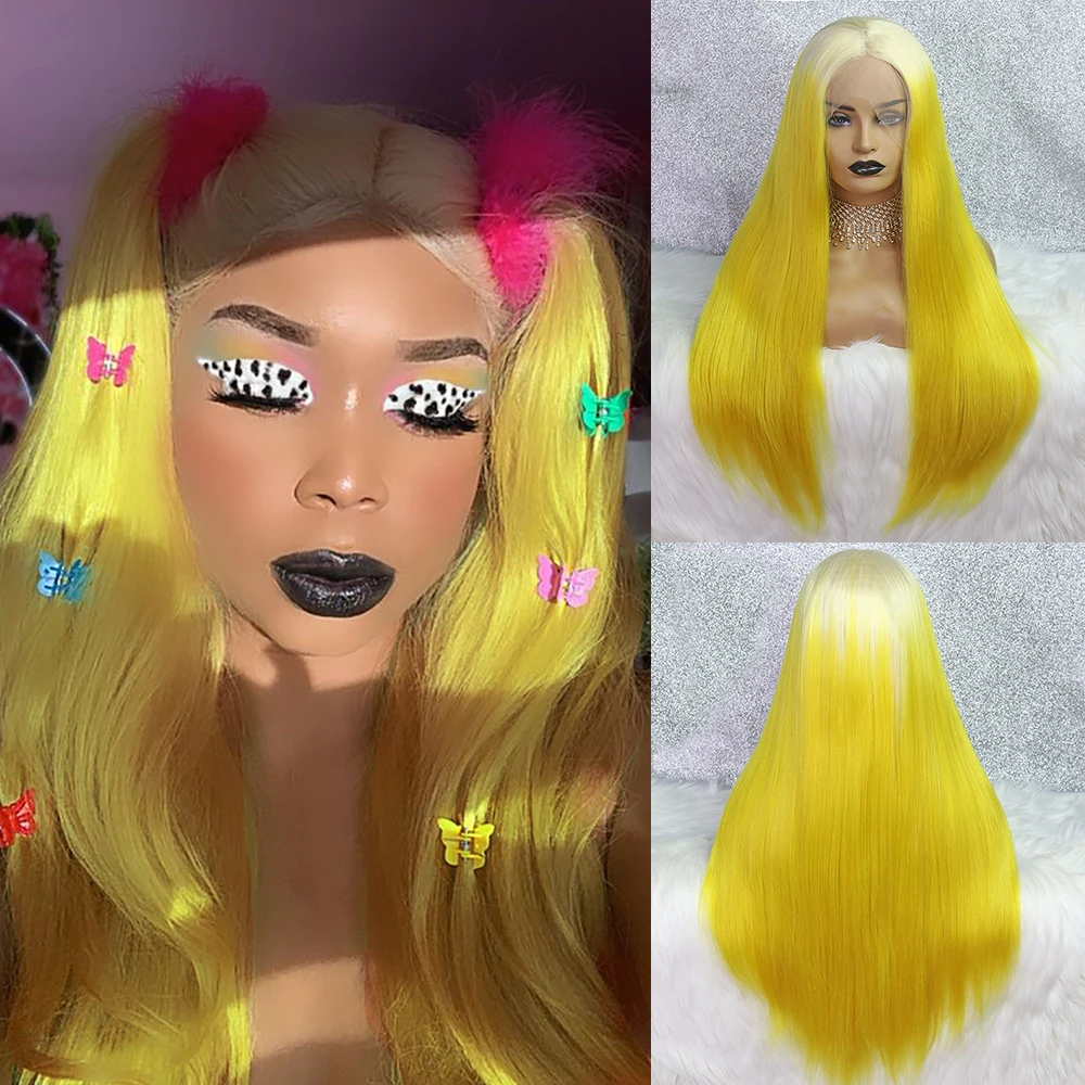 OLEY Long Straight Yellow Wig Synthetic Lace Front Wig With Blonde Roots High Temperature Fiber Party/Cosplay Wigs For Women