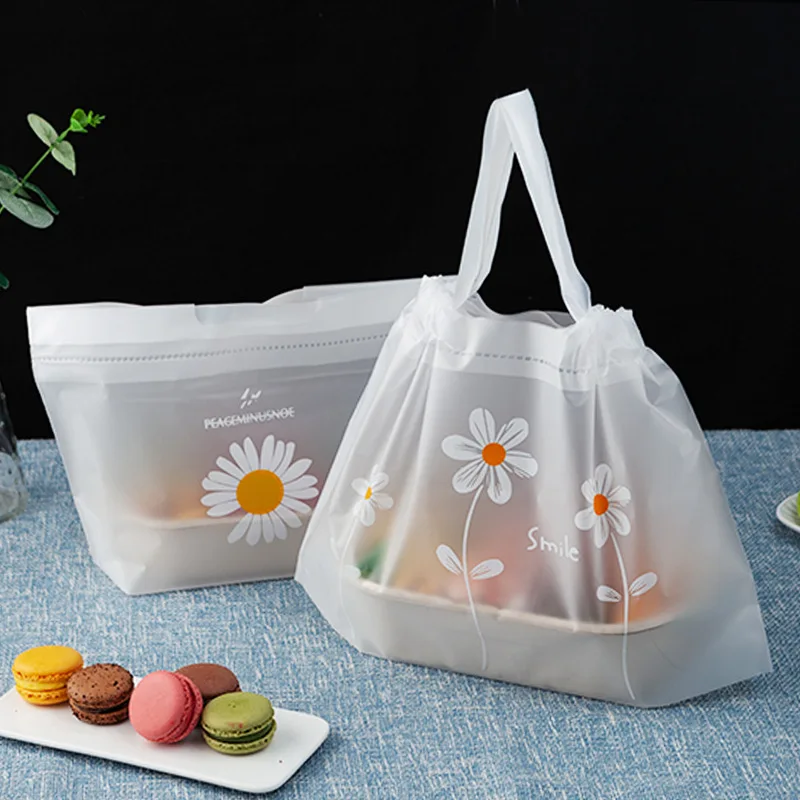 50Pcs Frosted Plastic Bag With Handle Food Takeaway Packaging Bag Baking Cake Bag for Packing Food Party Supplies