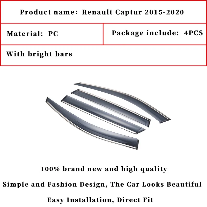 4pcs For Renault Captur 2015-2020 Car Window Sun Rain Shade Visors Shield Shelter Protector Cover Trim Frame Car Accessories