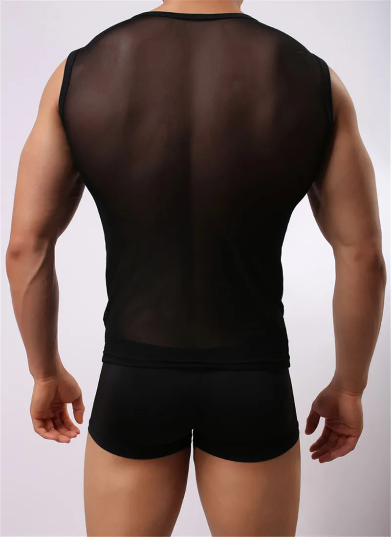 Mannen Sexy Gym Spier See-Through Ondergoed T-Shirt Mouwloos Mesh Top Hemd Nachtkleding