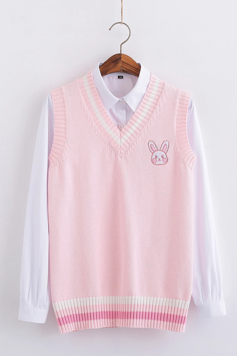 Pink Small rabbit Embroidery pattern Sweater vest high school Japanese-style knitting pullover