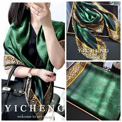 Europe 90cm Spring Hot Sale Versatile Emerald Leopard Print Lady Fashion Simulation Silk Scarf Large Square Scarf Shawl Scarf